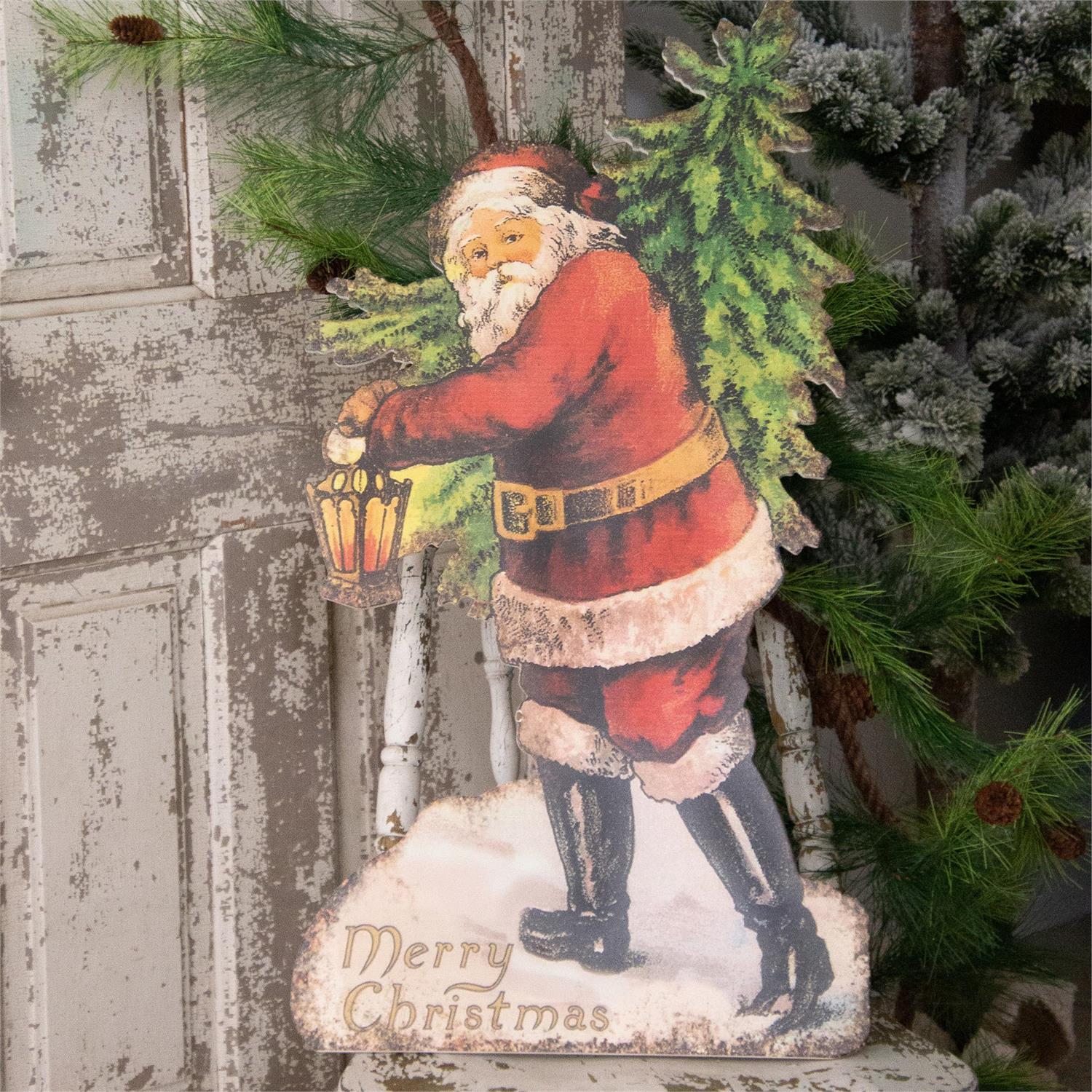 Vintage Santa Holding Tree Wood Cutout
