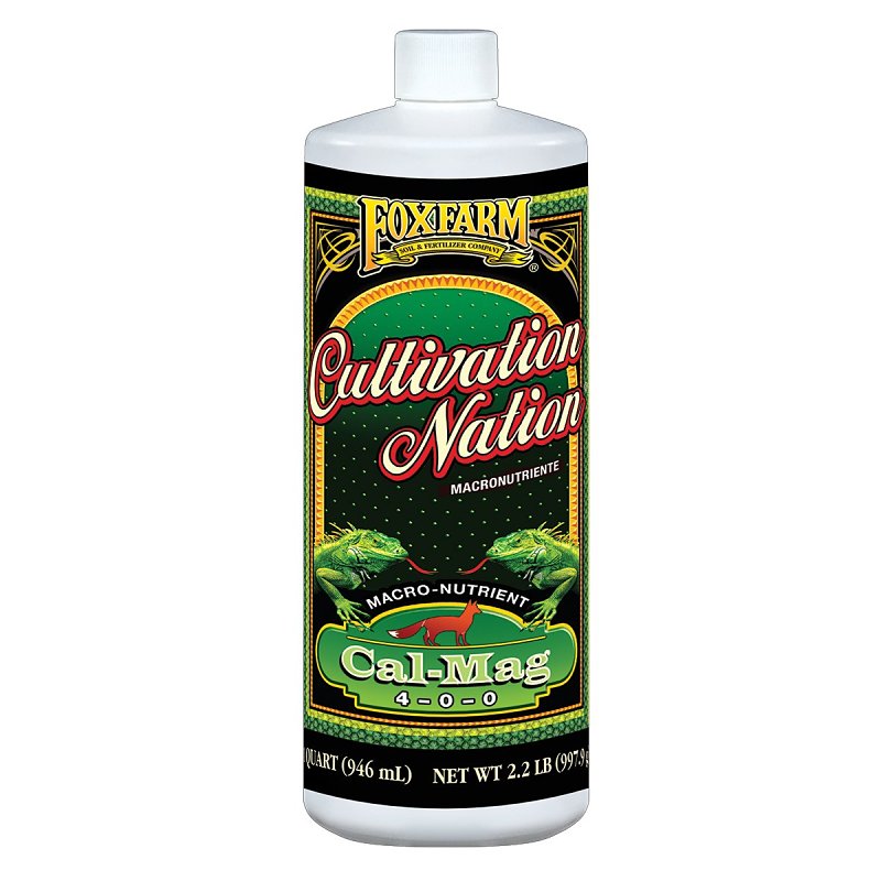 Bottle of Fox Farm Cultivation Nation Cal-Mag nutrient on a white background