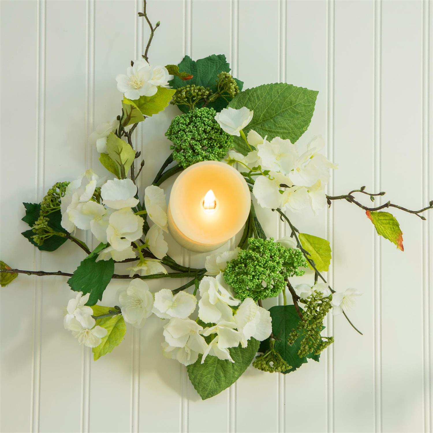 Candle Ring - White Hydrangea with Mixed Greens