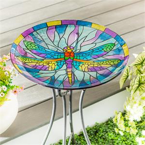 Glass Birdbath, Stained Glass Dragonfly