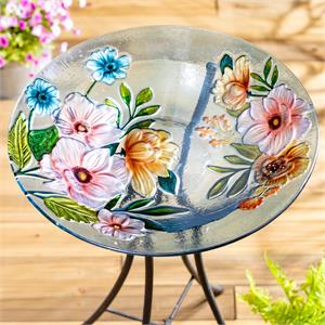 Glass Birdbath, Farmhouse Flowers 18"