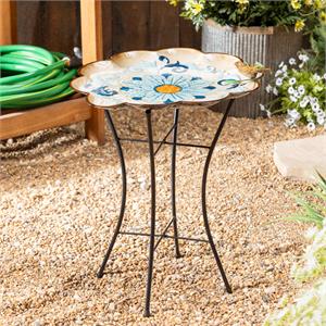 Metal Birdbath, Blue Perched Bird with Stand