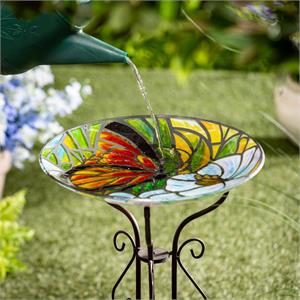 Glass Birdbath, Stained Glass Butterfly