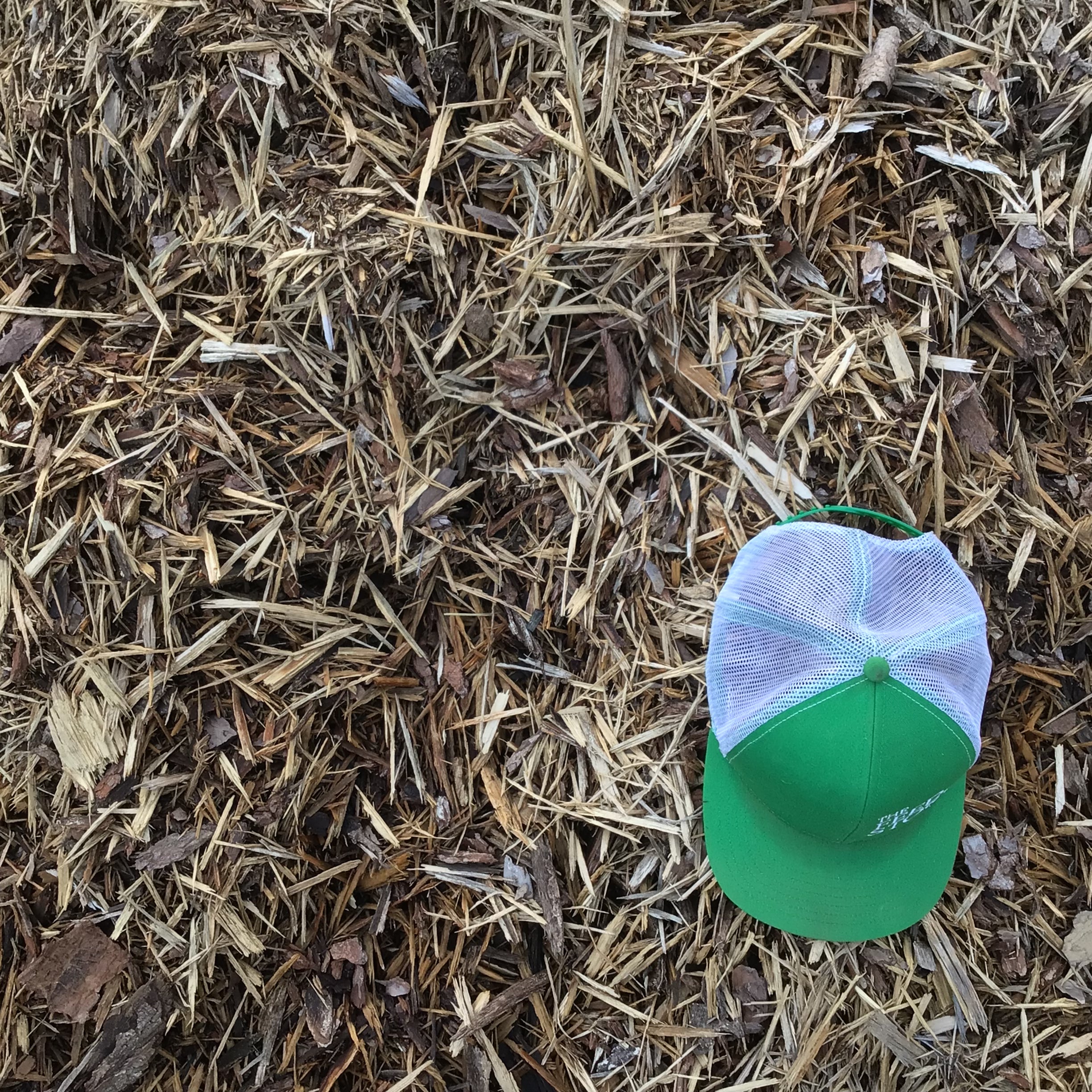 A green and white hat placed on a bed of coarse brown pine mulch.