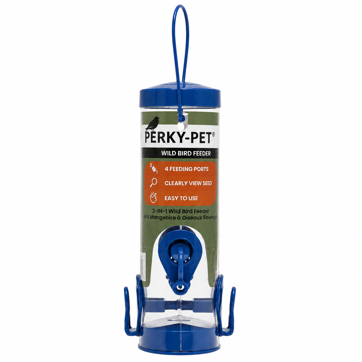 A Perky-Pet Wild Bird Feeder with a blue plastic top, hanging loop, and base, featuring a clear cylindrical body with a green and orange label, and blue metal feeders at the bottom.
