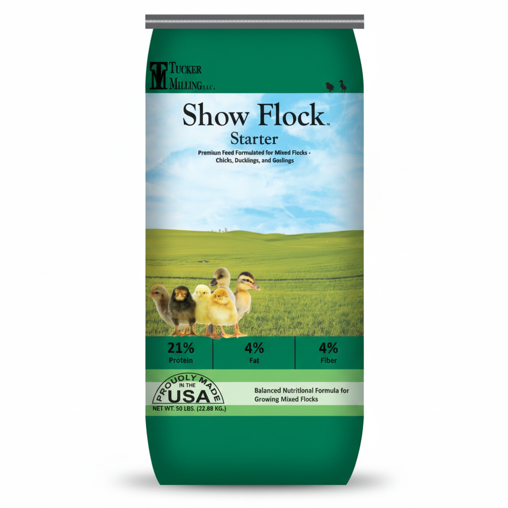 Bag of Show Flock Starter poultry feed with a scenic label