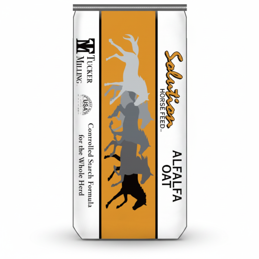 Tucker Milling Selkies Alfalfa Oat horse feed packaging on a white background
