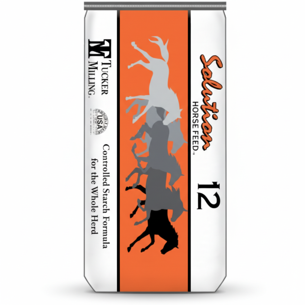 Tucker Milling Solution 12 pelleted horse feed package on a white background