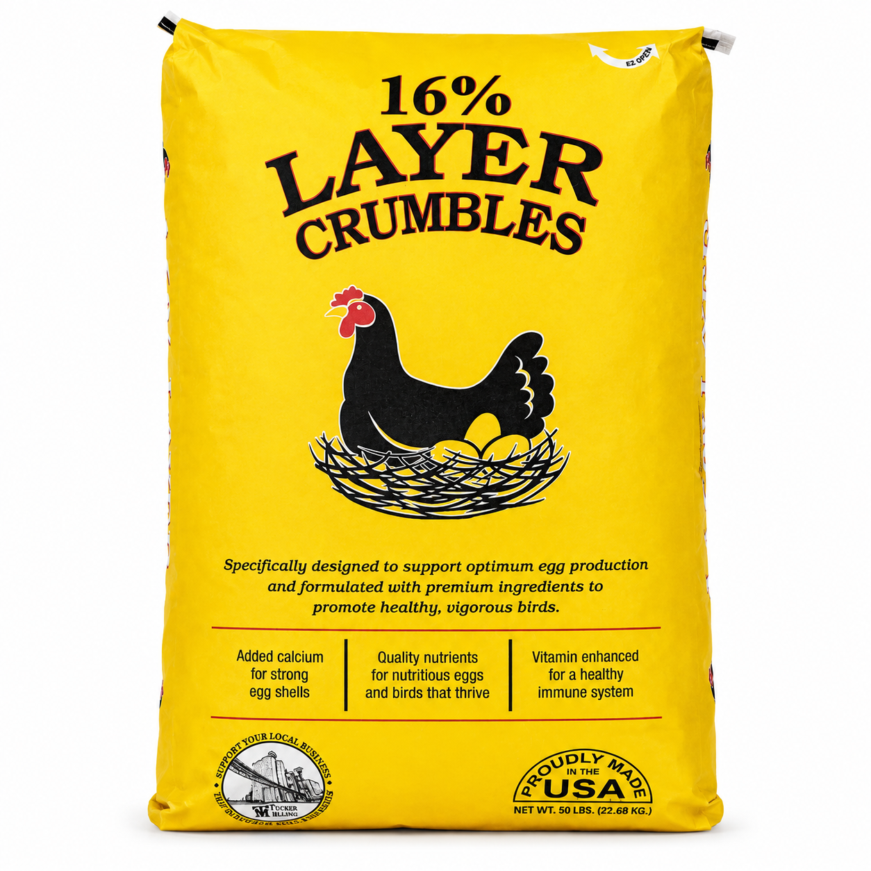 A large yellow bag of 16% Layer Crumbles bird feed supplement, featuring a black hen graphic and text detailing its benefits for egg production and bird health.
