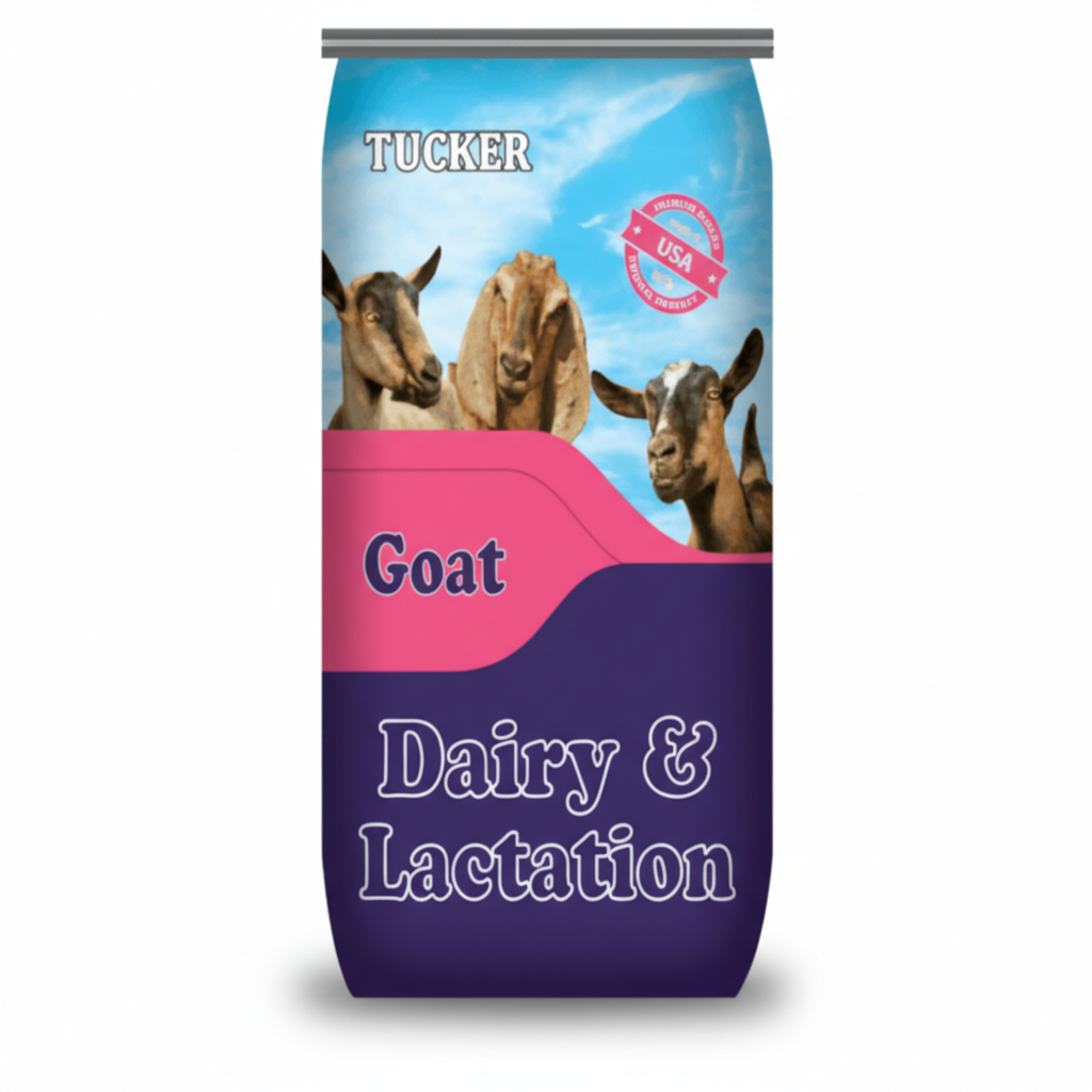 Tucker Goat Dairy & Lactation supplement packaging with images of goats on a white background