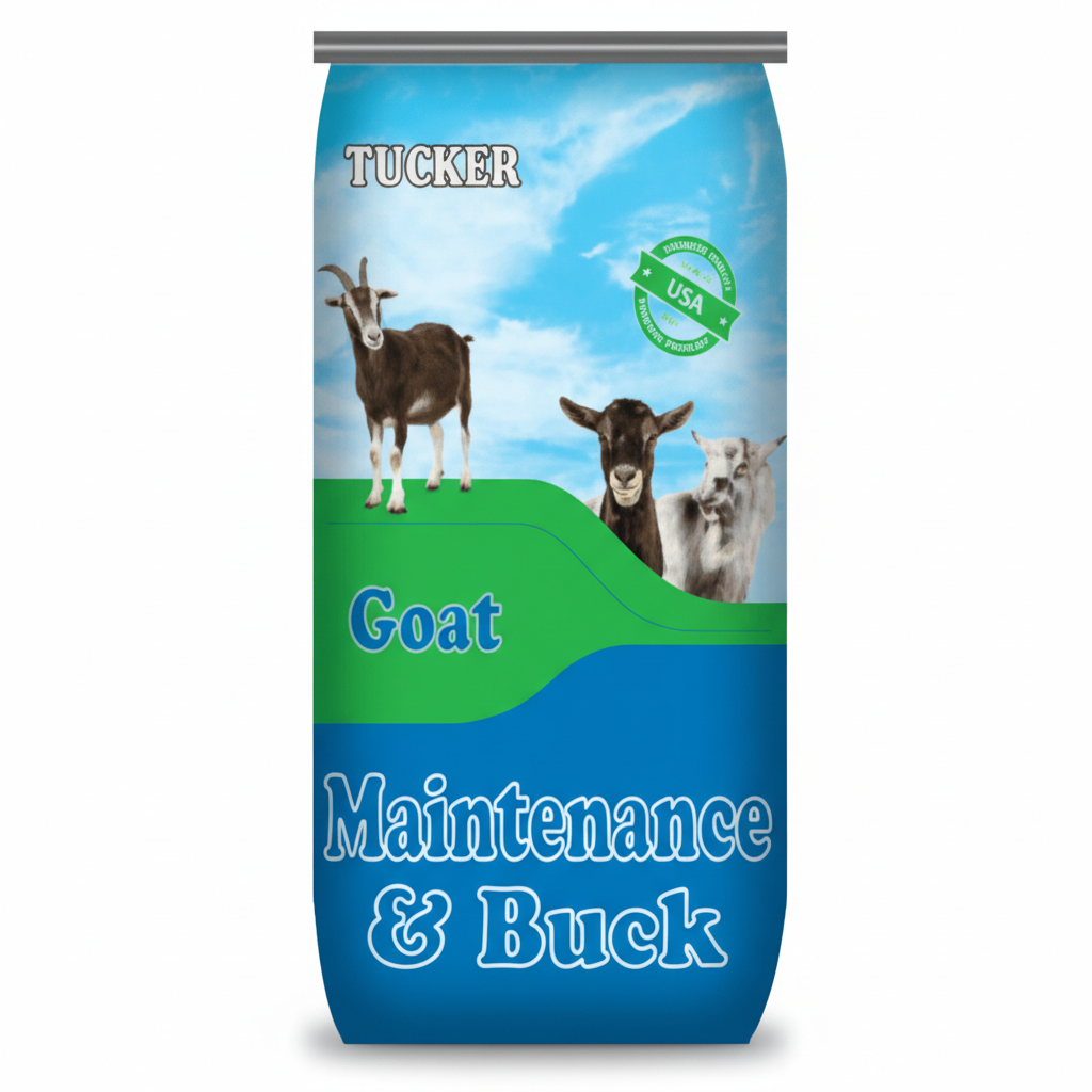 Tucker Goat Maintenance & Buck feed bag with images of goats on a blue and green background