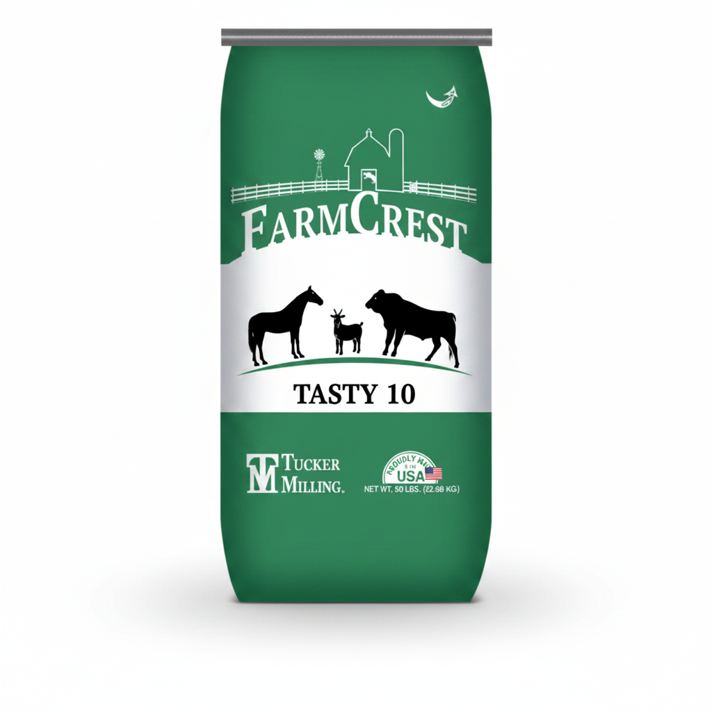 Green and white bag of Farm Crest Tasty 10 feed with animal illustrations on a white background
