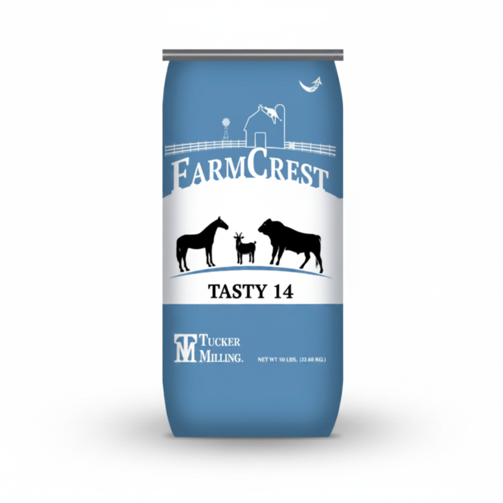 Farm Crest Tasty 14 feed bag with animals on a blue and white background