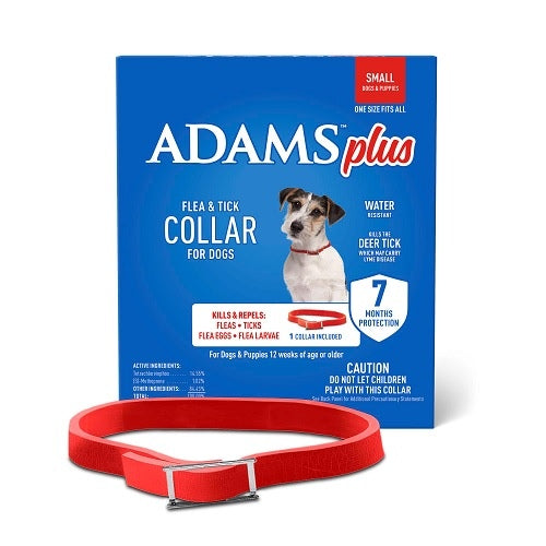A red Adams Plus flea and tick collar for dogs shown in front of its blue retail box on a white background. The box features the brand name 'ADAMS plus' and a photo of a dog.