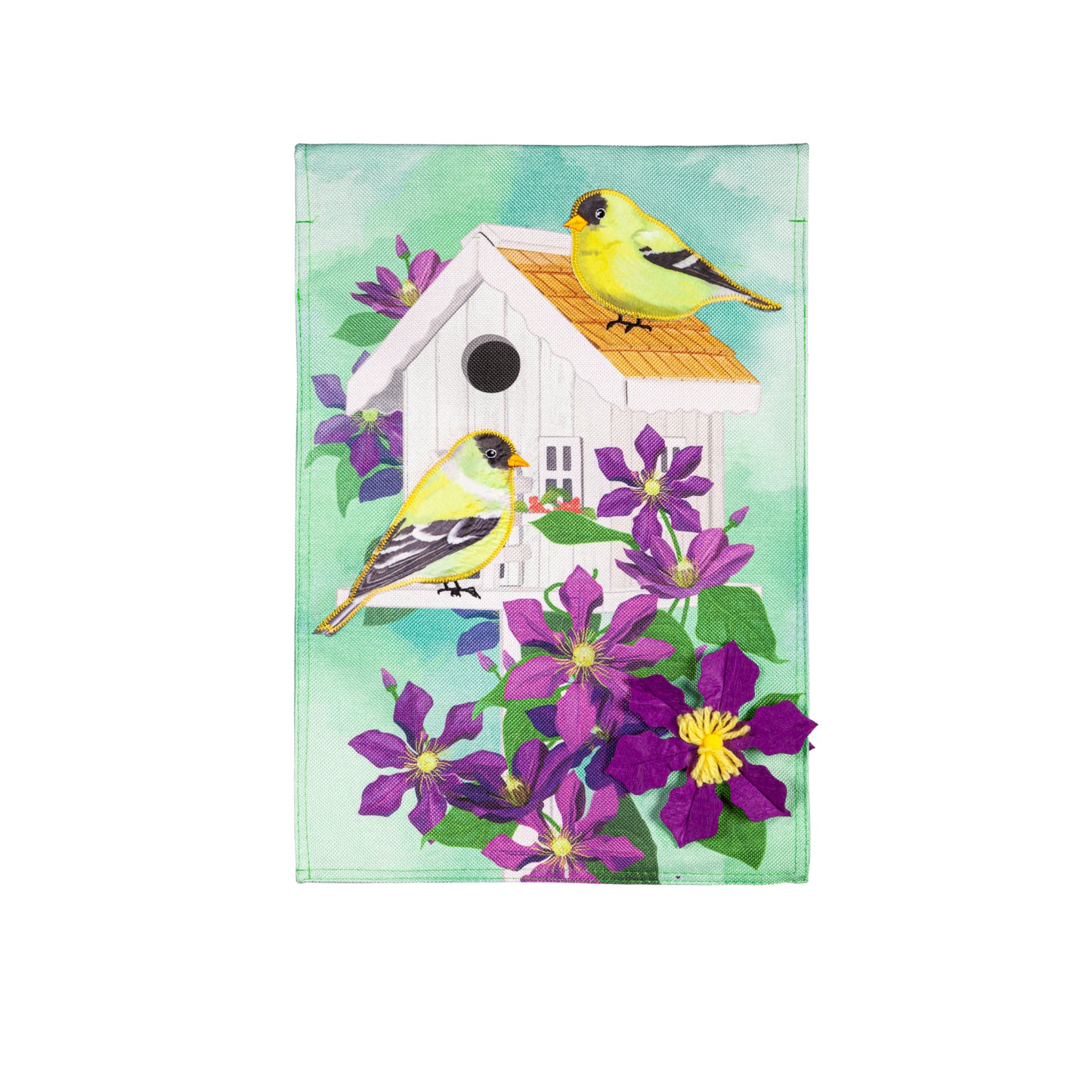 Garden Flag Burlap Finch & Clement Birdhouse