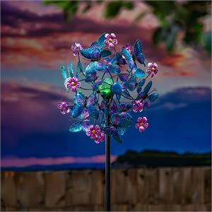 Wind Spinner, Solar  Blue Butterfly and Flowers 74"
