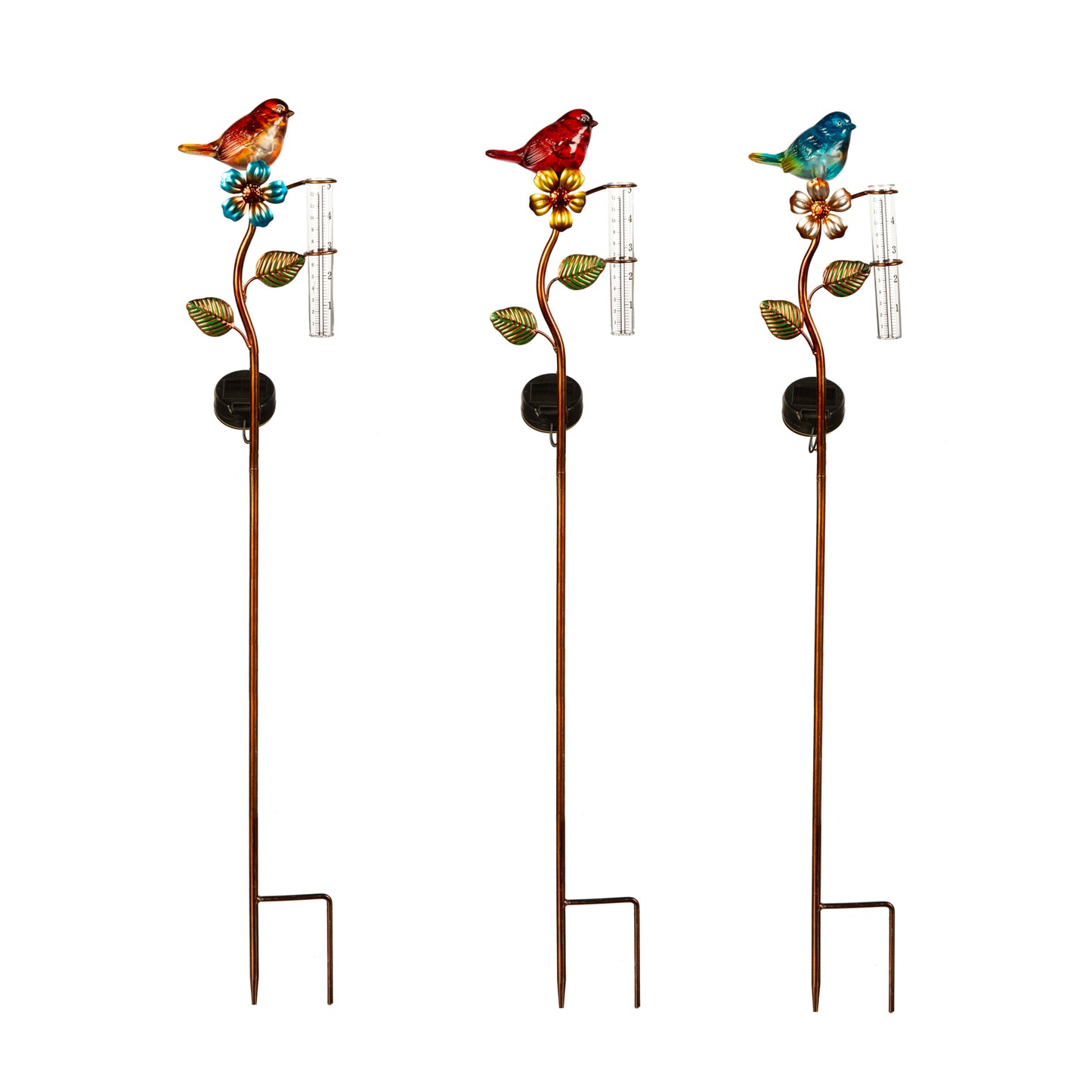 Solar Rain Gauge Garden Stake, Perched Bird 36"