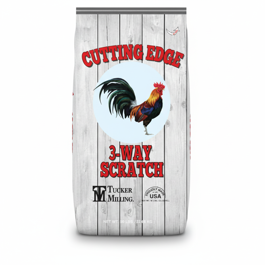 Bag of Cutting Edge 3-Way Scratch Tucker Milling feed with a rooster illustration on a wooden background.