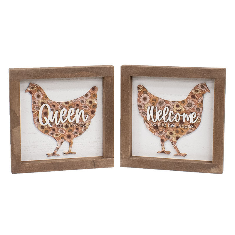 Welcome Queen Floral Chicken Framed sign -2 Asstd