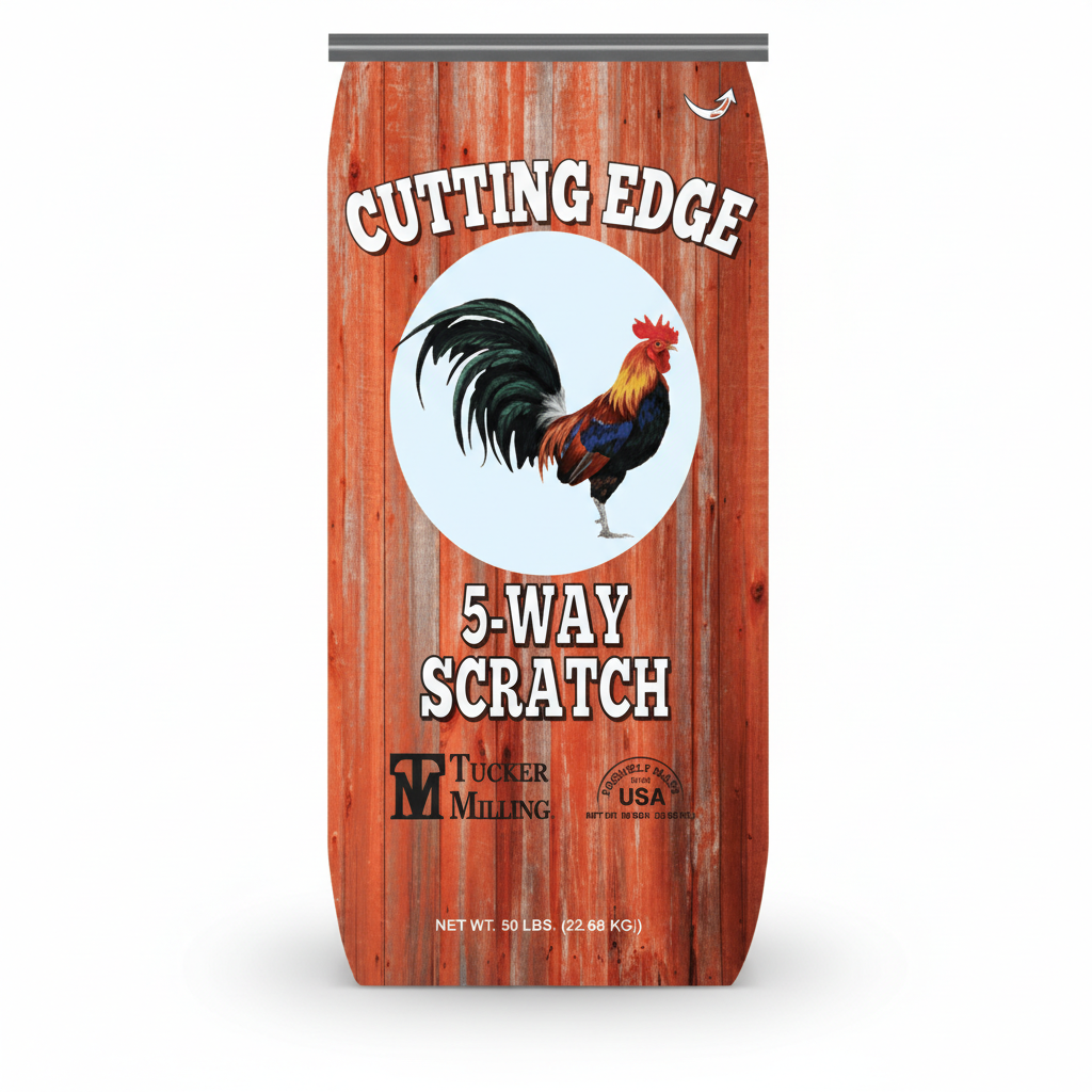 Bag of Cutting Edge 5-Way Scratch with a rooster illustration on a wooden background
