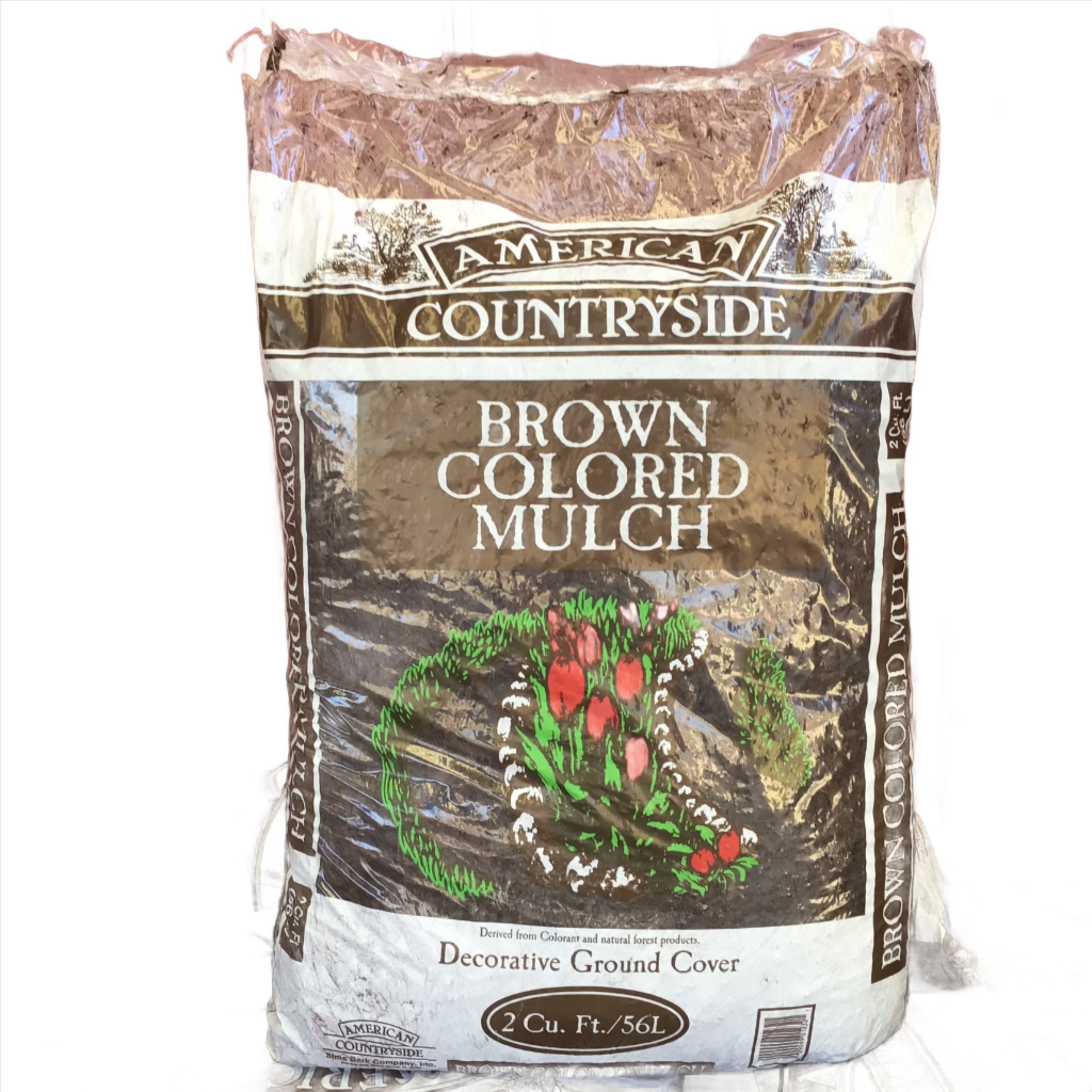A bag of brown colored mulch with a label showing the brand 'American Countryside' and a picture of mulch being spread on garden soil.