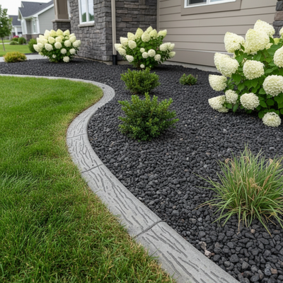 Lawn with white flowers, black lava rock, and a concrete edge in front of a house.