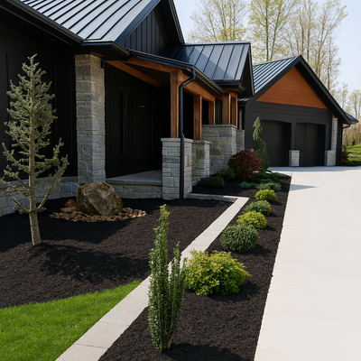 Modern house exterior with black mulch landscaping and driveway