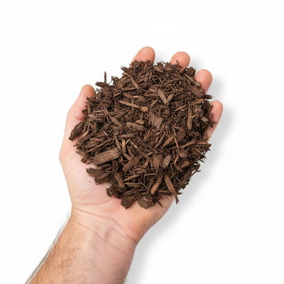 Hand holding a handful of brown mulch against a white background