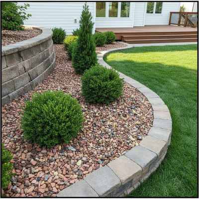 Lawn with garden bed, stone border, and house in the background