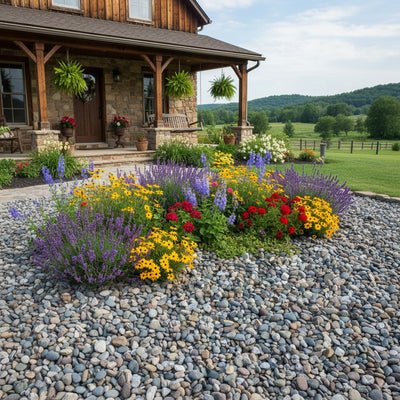 Colorful flower bed in front of a wooden house with a scenic background
