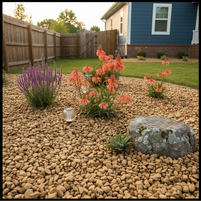 Decorative garden with pebbles, flowers, and a rock in a backyard setting.