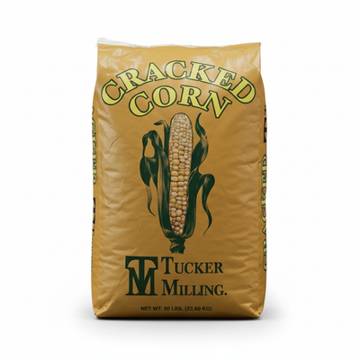 Bag of cracked corn from Tucker Milling on a white background