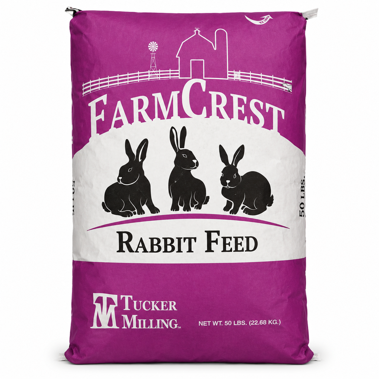 A 50 lb bag of FarmCrest Rabbit Feed by Tucker Milling, featuring a purple and white design with black rabbit silhouettes.