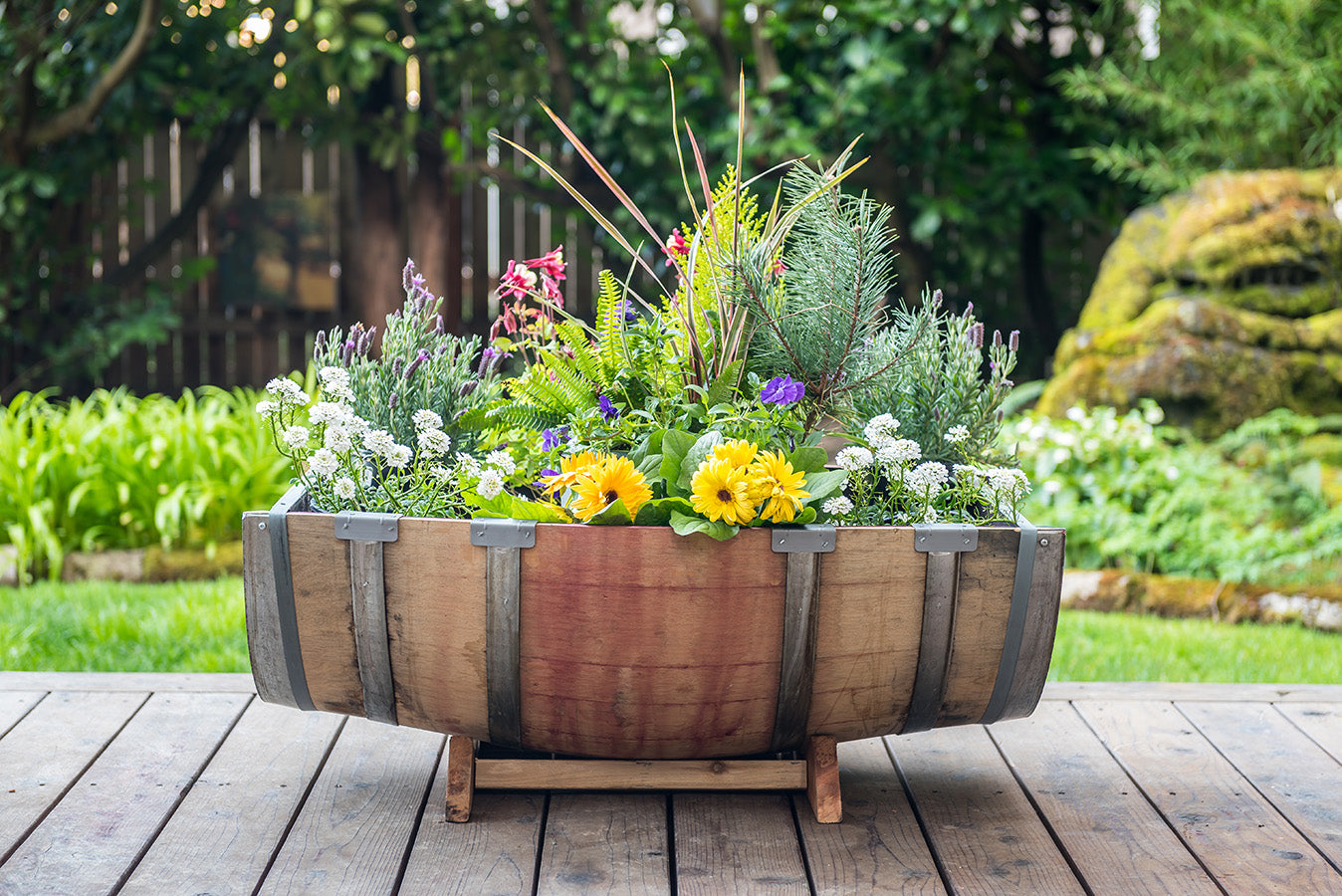 hanging barrel planter Whiskey Barrel Garden Planter – The Feed Store