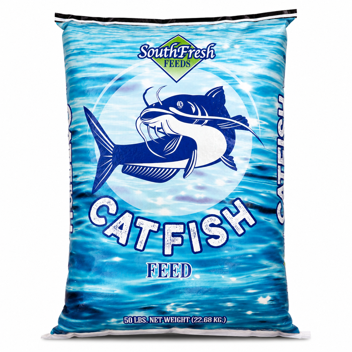 A 50 lb bag of SouthFresh Catfish Feed featuring a blue and white catfish graphic on a water-textured background, isolated on a white studio background.