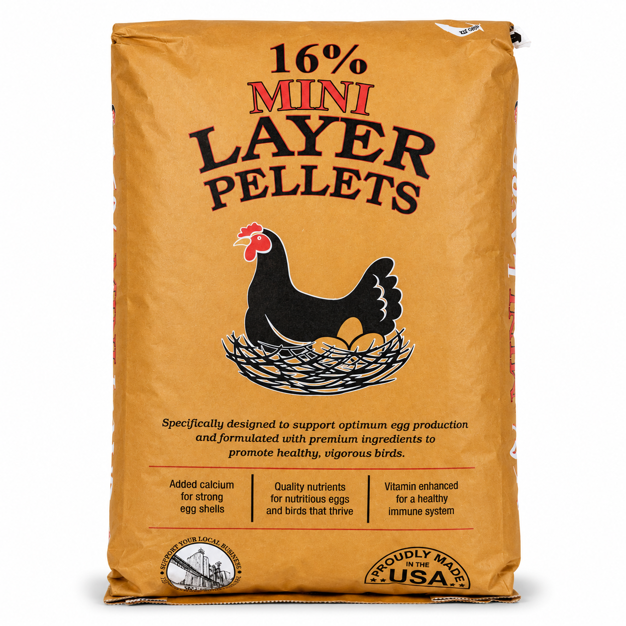 A large tan bag of 16% Mini Layer Pellets for birds, featuring a black hen illustration and product text on a clean white background.