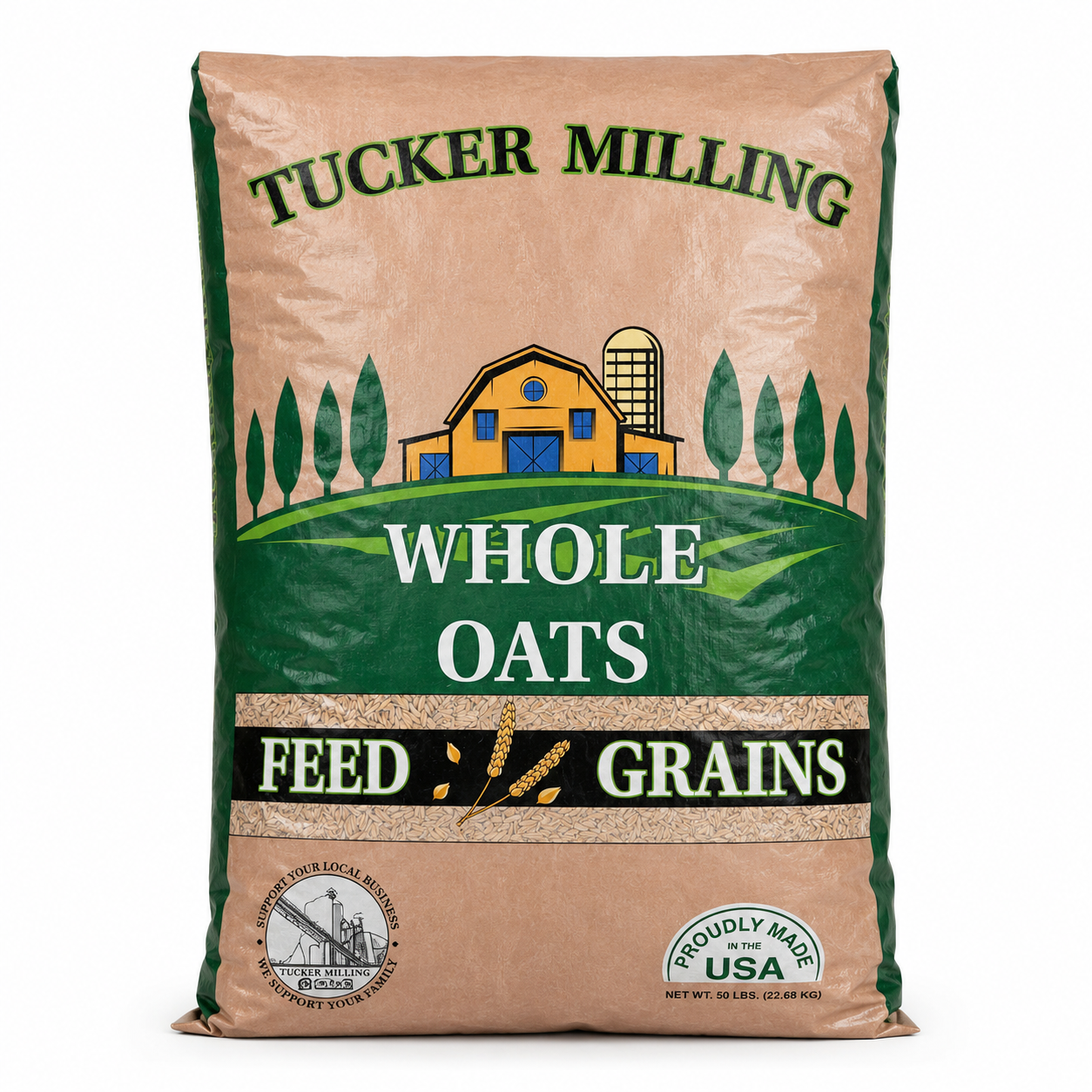 A 40 lb bag of Tucker Milling Whole Oats Feed Grains, featuring a kraft paper bag with a green and yellow label illustration of a farm scene.