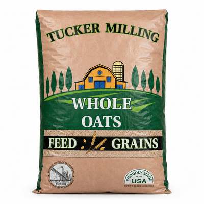 A 40 lb bag of Tucker Milling Whole Oats Feed Grains, featuring a kraft paper bag with a green and yellow label illustration of a farm scene.