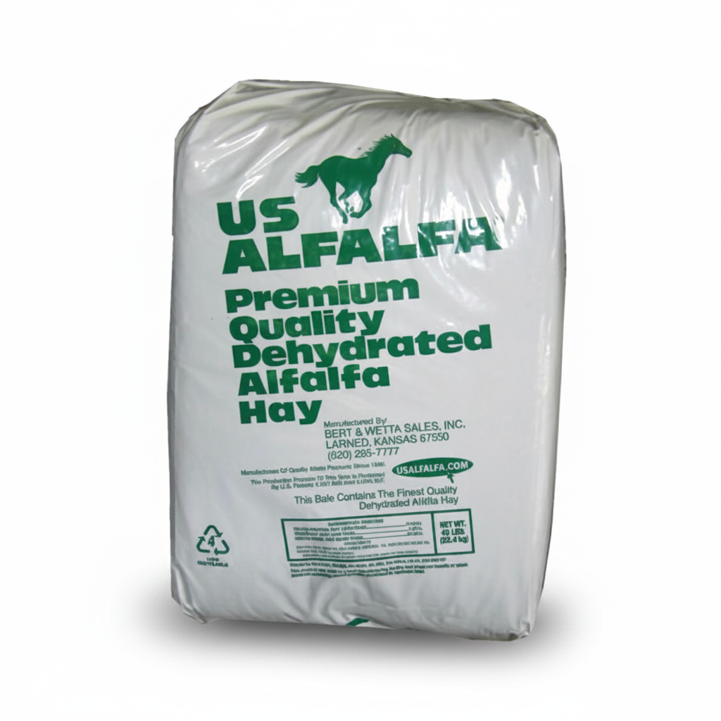 Bag of US Alfalfa Premium Quality Dehydrated Alfalfa Hay on a white background