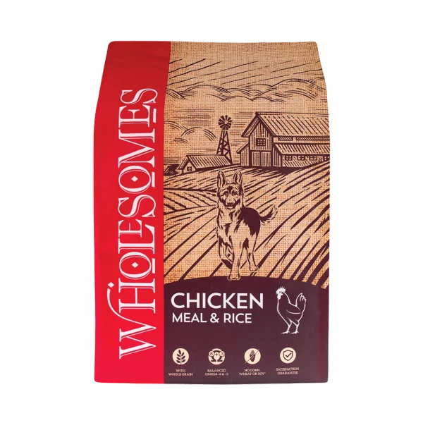 A bag of Wholesome Chicken Meal & Rice Dog Food with a picture of a dog on the front.
