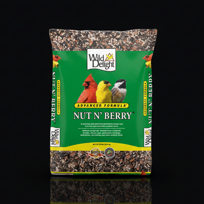 Bag of Wild Delight Nut N' Berry bird seed on a black background