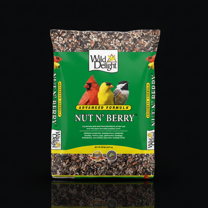 Bag of Wild Delight Nut N' Berry bird seed on a black background