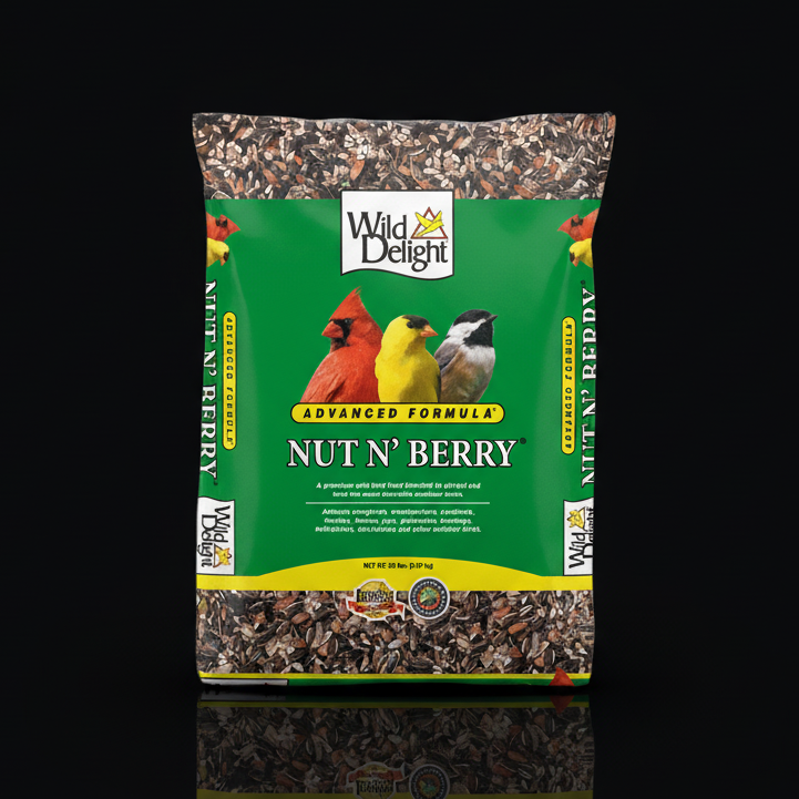 Bag of Wild Delight Nut N' Berry bird seed on a black background