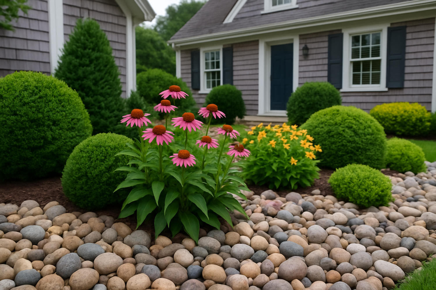A close-up of landscaping in front of a Cape Cod style house with river rock ground cover and well-placed shrubs and perennials