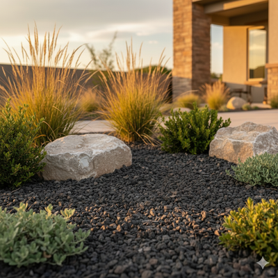Decorative garden with rocks, black lava, and plants in front of a modern house.